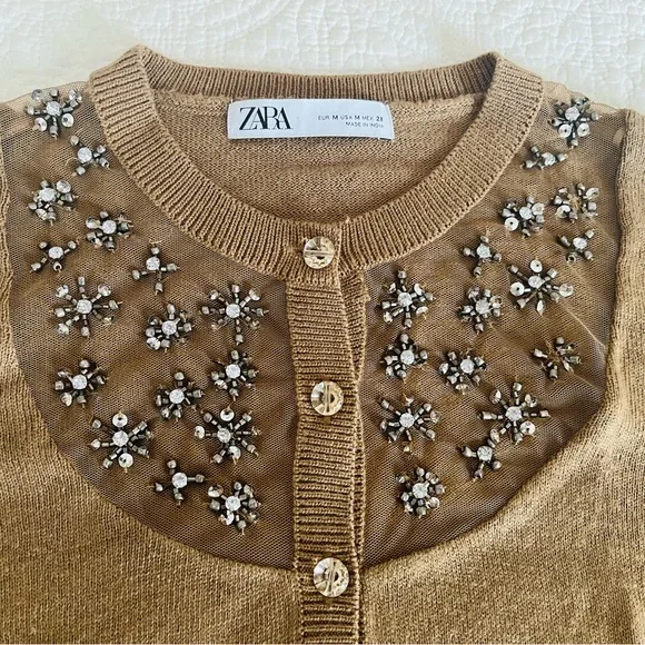 Zara Jeweled Chest Brown Cardigan - Picture 1 of 4